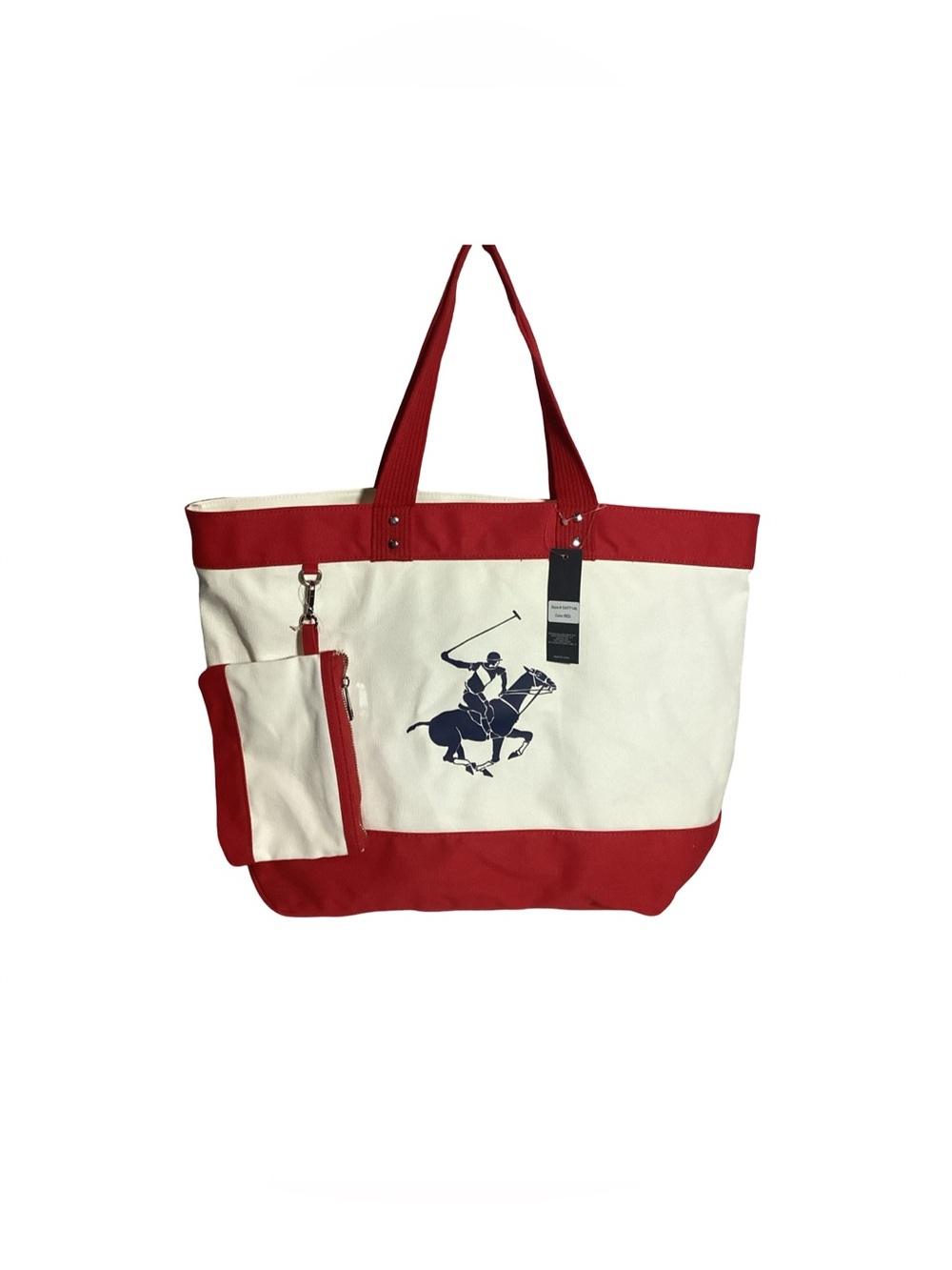 Beverly Hills Polo Club Canvas Red & White Large Tote Bag w/ Horse & Pouch NEW